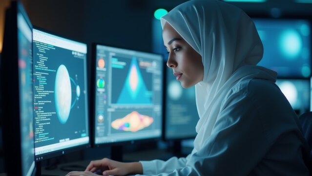 young woman wearing white hijab sitting front multiple computer monitors dark room she appears focused her work she typing keyboard looking intently screen monitors display various graphs charts - Powered by Adobe
