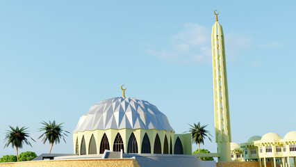 Al Nilin (The Two Niles) mosque in Omdurman. Khartoum city. Sudan landmarks. Beautiful building. Iconic design. Modern architecture. High quality. Large size. Ramadan Kareem. 3D rendering.