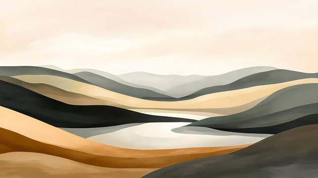 Abstract landscape scene with flowing hills and water in muted earthy tones. Muted Earthtones. Illustration