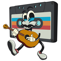 Cute retro cassette vektor illustration mascot character moustache playing guitar, work of hand drawn