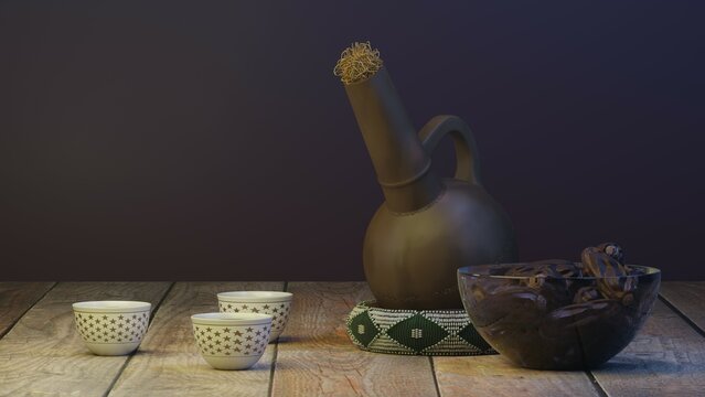 A Classis coffee pot (known as Jebana) made of clay. Beautiful pot holder with nice patterns. Dates and cups. Wooden table. East Africa and Sudan culture. tradition. Dark purple background. 3D render.