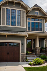 Luxury Modern Home Exterior: Gray Siding, Stone Accents, and Elegant Design.  A stunning contemporary residence with meticulous landscaping.