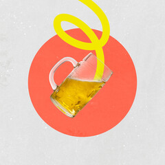 A modern collage featuring a beer mug with a playful yellow swirling element against a bold red circular background. A stylish and creative design, ideal for bar ads, party flyers