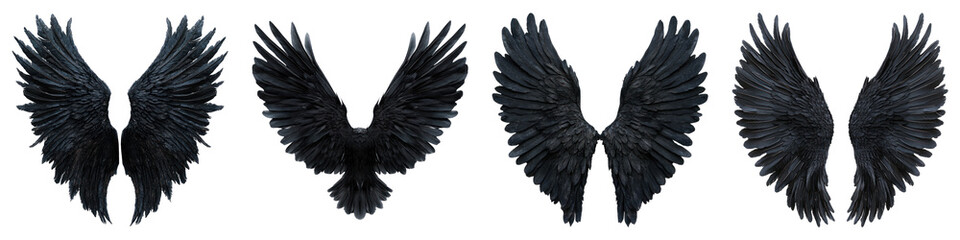 Obraz premium Black wings isolated on transparent background, PNG, Set of