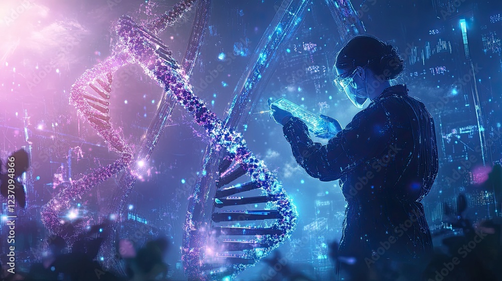 Poster scientist studying digital dna structure data