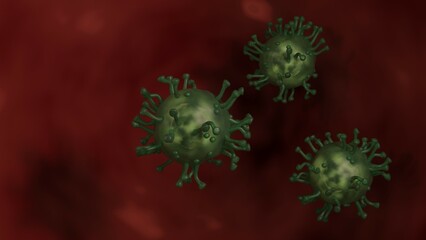 Illustration of stylized viruses with dark background. Medical background. 3D render. 