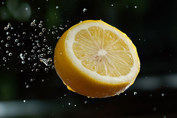 Freshly sliced lemon splashing water droplets in mid-air captured with vibrant details
