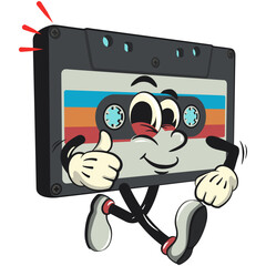 Cute retro cassette vektor illustration mascot character love walking with thumbs up, work of hand drawn