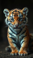 Fototapeta premium Young tiger cub poses confidently with striking fur patterns in a natural setting during daylight hours