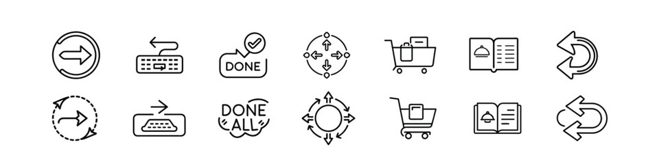 Collection of line icons arrows indicating direction, keyboard input, shopping cart, menu, done status, circular arrows signifying process or cycle.
