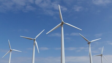 Wind turbines mounted in the sea with blue sky. Wind Mills  background. Green energy. Renewable and sustainable resources. Electricity generation. 3d render.