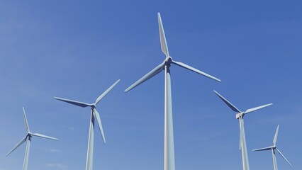 Fototapeta premium Wind turbines mounted in the sea with blue sky. Wind Mills background. Green energy. Renewable and sustainable resources. Electricity generation. 3d render.