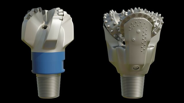 Oil and Gas tools. PDC and Roller Cone Bits. Diamond Cutters. Thread. Drilling. Oil Rig. Oil Well. High resolution. 3D render. With Alpha channel. Suitable for explanatory and educational purposes.