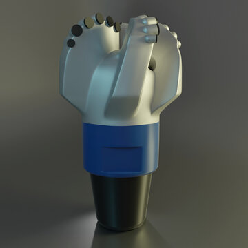 Oil and Gas tools. PDC Drill Bit. Generic shape. Suitable for explanatory and educational. Fixed Cutters. Diamond Cutters. Drilling. Oil Rig. Oil Well. Thread Protector. Dark background. 3D render.