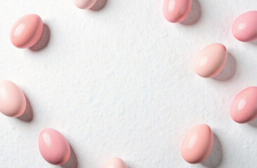 Obraz premium Pastel pink Easter eggs arranged in a circular frame on a textured white background with ample copy space for text. Perfect for holiday greetings, invitations, and festive designs.