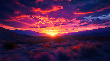 Fototapeta premium Iridescent glow in desert landscape, sunset, sparkle. Iridescent Glow. Illustration