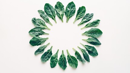 Fresh Green Leaves Arranged in Circular Pattern on White Background