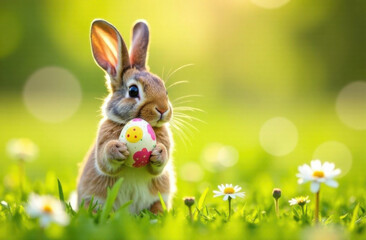 Fototapeta premium Adorable Easter bunny holding a decorated egg with a chick design in a sunlit meadow. Ample copy space for text, perfect for holiday greetings, festive designs, and easter articles.