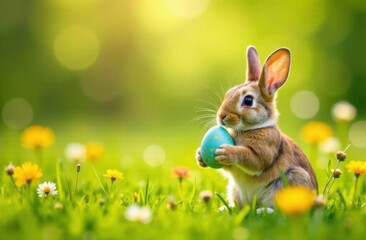 Cute Easter bunny holding a blue egg in a vibrant spring meadow with blooming flowers and a sunlit background. Ample copy space for text, perfect for holiday greetings, social medial posts
