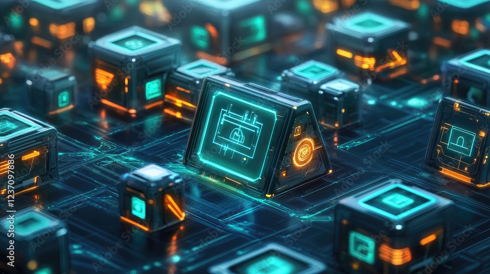 Poster futuristic data cubes illuminate digital network infrastructure