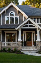 Obraz premium Luxury Craftsman Home Exterior: Gray Siding, Stone Accents, and a Spacious Porch