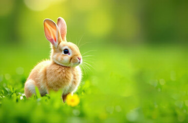 Obraz premium Adorable Easter bunny sitting on lush green grass with a soft-focus background and ample copy space. Perfect for holiday designs, greeting cards, and seasonal marketing