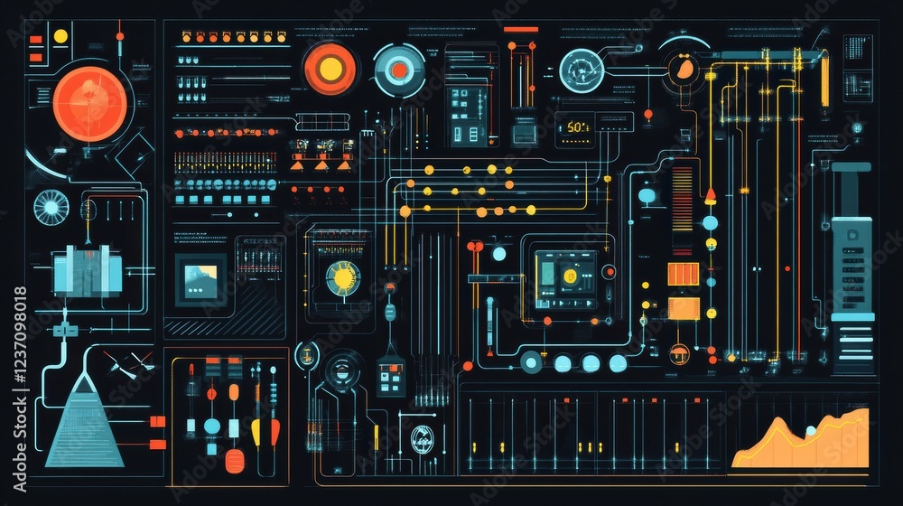 Poster futuristic control panel interface with colorful digital elements