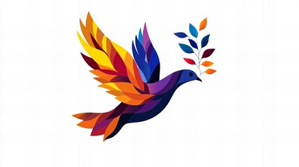 Obraz premium Vibrant colorful bird in flight, carrying a branch of leaves. A symbol of peace and hope.