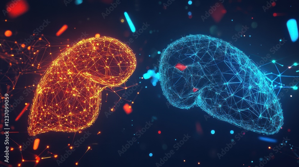 Aufkleber abstract representation of two connected neural networks in colors