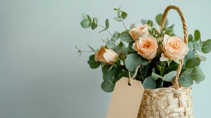 Wicker Basket with Peach Roses, Eucalyptus Leaves, and Empty Tag - Elegant Floral Arrangement