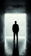 Silhouette of a Man in a Concrete Corridor, Facing a Bright Future