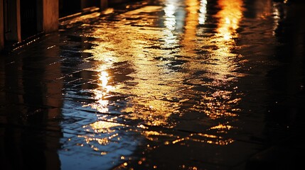 Night City Reflections: Golden Lights on Wet Pavement After Rain