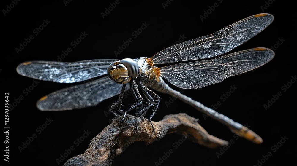 Poster close-up capture of a dragonfly on a branch against dark background
