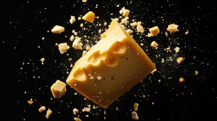 Piece of cheese with holes and splashes on it, isolated on black background, in the air. Dark background 