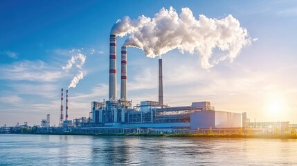 Industrial Power Plant By River With Smoke Stacks