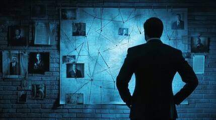 Detective silhouette studying evidence wall with crime scene photos and red string connections in dark room with dramatic blue light. Criminal investigation and mystery solving visualization