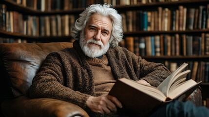 Elderly Gentleman Reading in a Library: A Serene Portrait