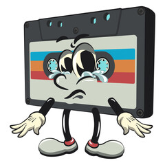 Cute retro cassette vektor illustration mascot character crying and sad, work of hand drawn