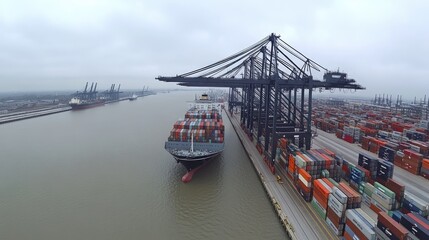 Naklejka premium Container Ship Docked at Busy Cargo Port