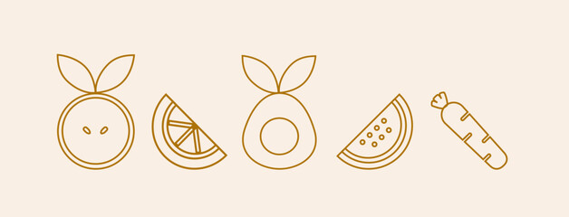 Hand drawn illustration. Organic fruit line background. Gold luxury  Healthy. Food pattern -  apple, carrot, avocado, watermelon.