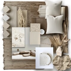 Design board for home in natural beige and white tones, featuring stone textures, creating a warm and inviting atmosphere for modern interiors