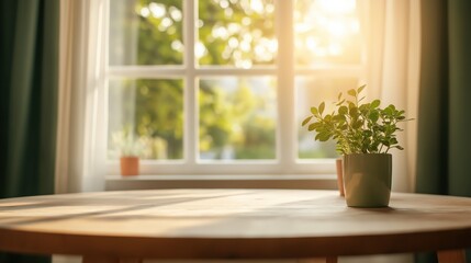 Sunlit Wooden Table With Green Plant In A Pot