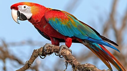 Scarlet Macaw perched on branch, rainforest background, wildlife photography