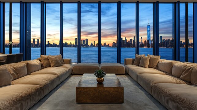 A luxurious living room with floor-to-ceiling midnight blue windows
