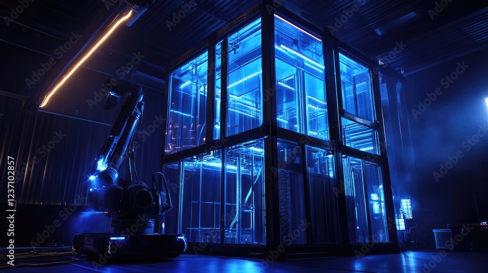 Poster robotic arm and illuminated glass cube structure