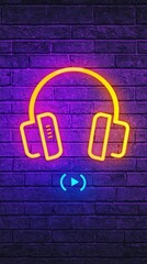 Obraz premium A vibrant neon illustration of headphones against a dark brick wall, symbolizing music and sound.