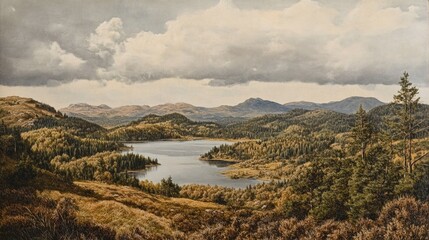Fototapeta premium Serene Mountain Lake Landscape Under Cloudy Skies