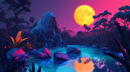 Obraz premium A mystical forest with floating rocks, glowing bioluminescent plants, and a shimmering moon reflecting on an iridescent lake, blending reality and imagination. Iridescent Glow. Illustration