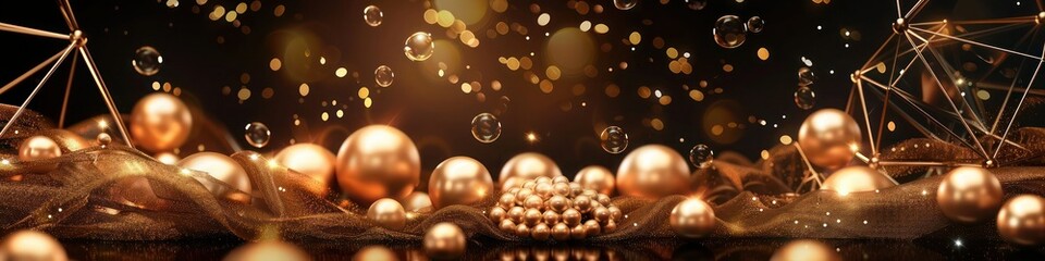 Pale bronze setting, gold pearls gathered at the center, bronze glitter, flying bubbles, and a luxurious bronze geometric frame for a sophisticated desktop wallpaper