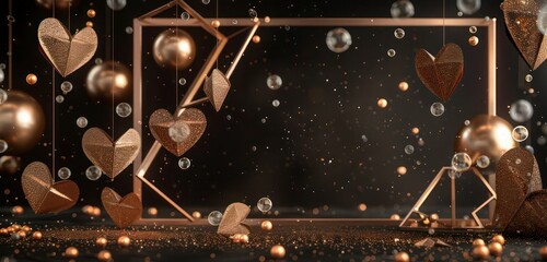 Pale bronze setting, gold pearls, bronze glitter, flying bubbles, a bronze geometric frame, and hanging bronze paper hearts